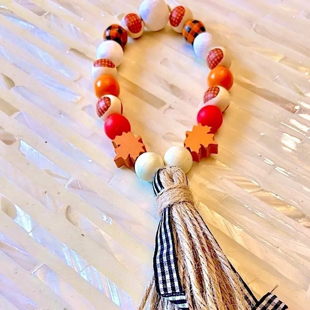 NEW Wood Bead Garland with Plaid Tassels